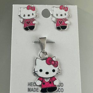 Hello Kitty Silver 925 Earrings & Pendant Set Trendy Girls Jewelry Made In Mexic